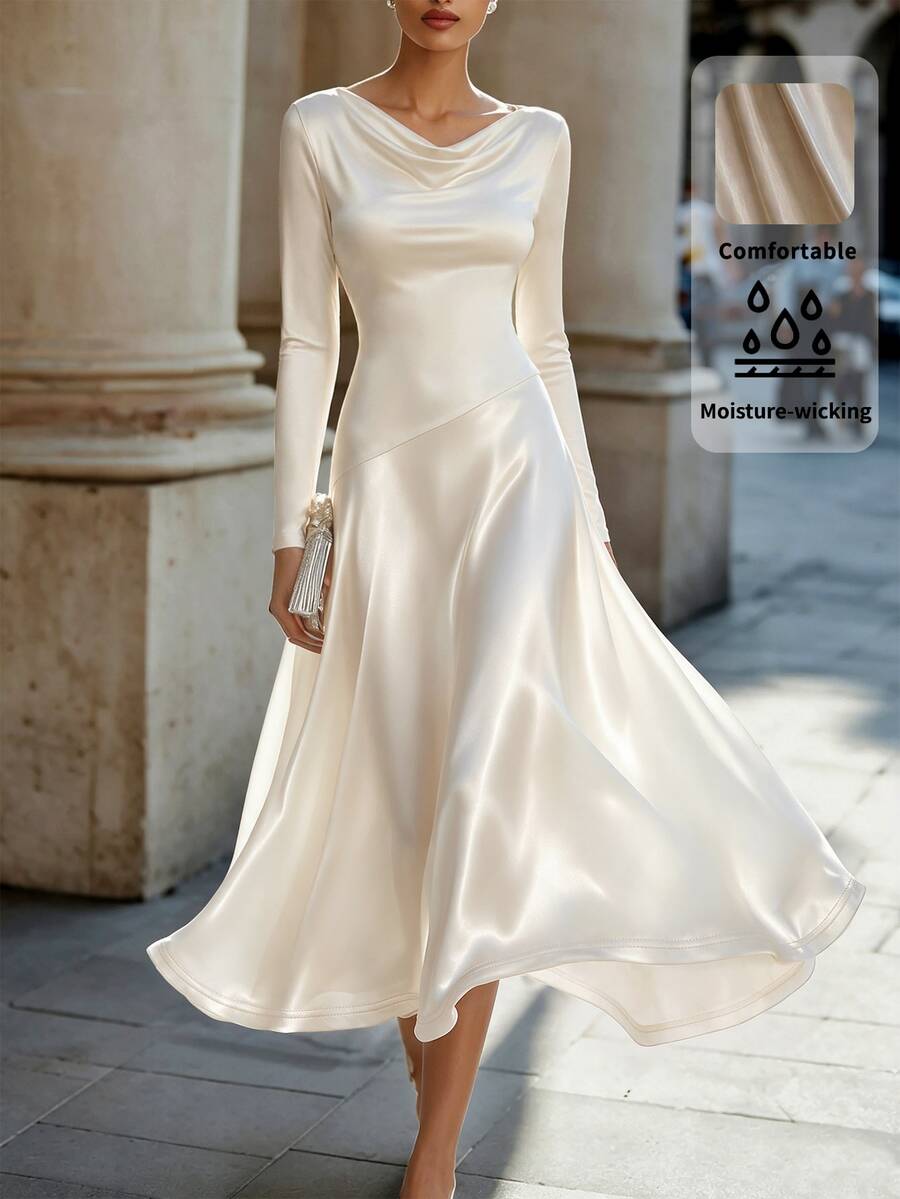 SHEIN Autumn Elegant Cowl Neck Knit Dress Satin Pearl Luster Long Dress Party Wedding Guest Women Dress Outing Women Clothing Champagne Color Dress
