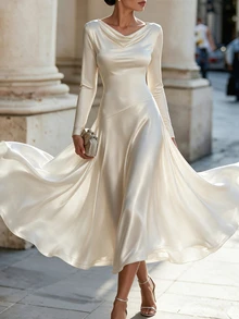 SHEIN Autumn Elegant Cowl Neck Knit Dress Satin Pearl Luster Long Dress Party Wedding Guest Women Dress Outing Women Clothing Champagne Color Dress - Champagne - View 4