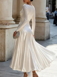 SHEIN Autumn Elegant Cowl Neck Knit Dress Satin Pearl Luster Long Dress Party Wedding Guest Women Dress Outing Women Clothing Champagne Color Dress - Champagne - View 3