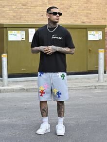 Devon Thys 男士抽绳腰带交叉刺绣口袋阔腿休闲运动裤，Y2K风格运动裤，男士3D刺绣运动裤 - 淺灰色 - 查看 1