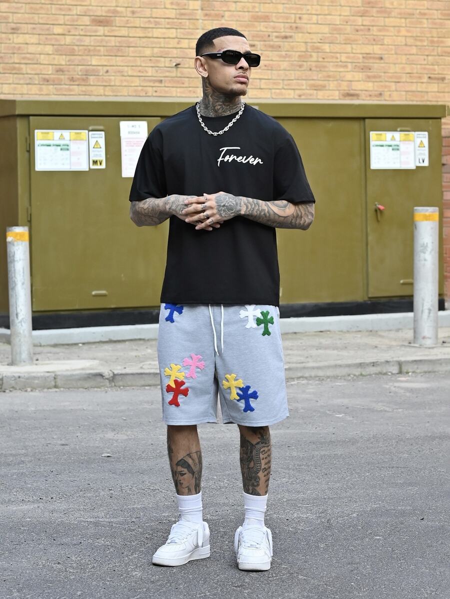 Devon Thys 男士抽绳腰带交叉刺绣口袋阔腿休闲运动裤，Y2K风格运动裤，男士3D刺绣运动裤 - 淺灰色 - 查看 1