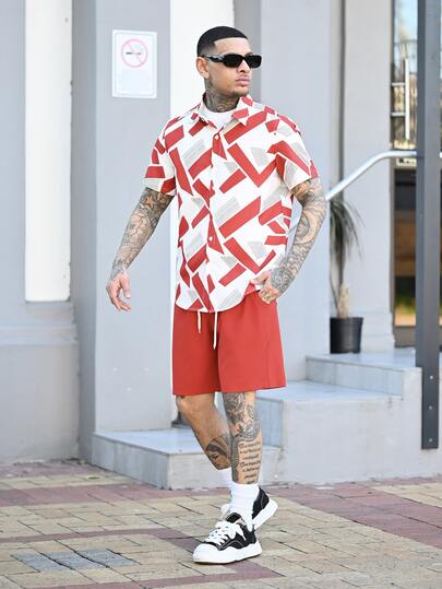Devon Thys 2pcs/Set Men's Summer Funny Geometric Print Short Sleeve Shirt & Shorts Set,White And Black,Casual Holiday Vacation Beach Travel Gift For Boyfriend