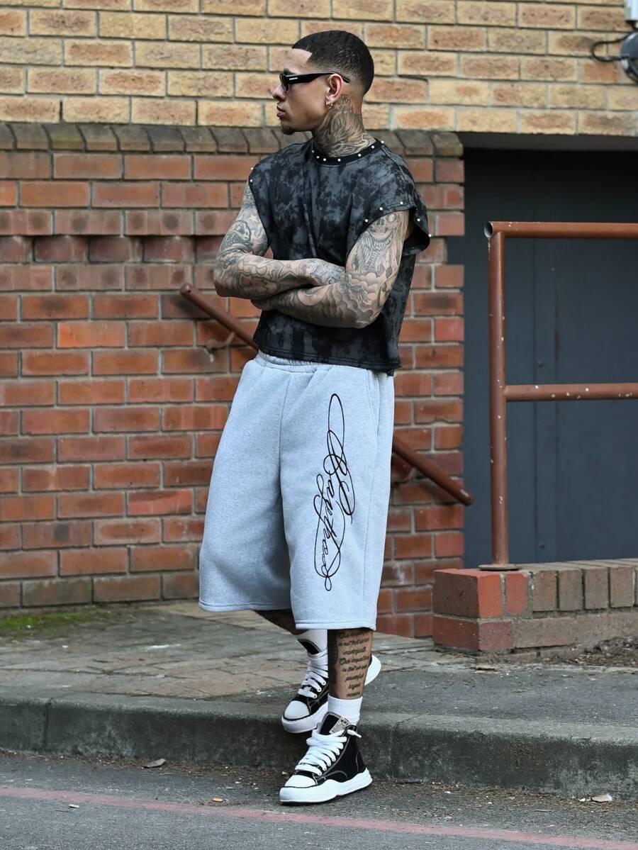 Devon Thys Men's Streetwear Summer Dark Grey City Break Wide-Leg Shorts,2 In 1 Drawstring Waist English Signature Embroidered Oversized Graphic Street-Style - Multicolor - View 1
