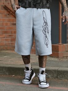 Devon Thys Men's Streetwear Summer Dark Grey City Break Wide-Leg Shorts,2 In 1 Drawstring Waist English Signature Embroidered Oversized Graphic Street-Style - Multicolor - View 6