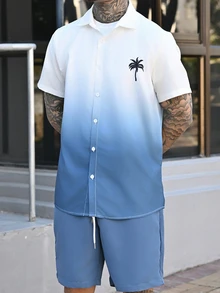 Devon Thys 2pcs Men's Tropical Tree Print Ombre Short Sleeve Shirt & Drawstring Waist Shorts Set, Summer, Holiday - Teal Blue - View 5