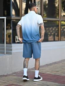 Devon Thys 2pcs Men's Tropical Tree Print Ombre Short Sleeve Shirt & Drawstring Waist Shorts Set, Summer, Holiday - Teal Blue - View 4