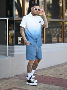 Devon Thys 2pcs Men's Tropical Tree Print Ombre Short Sleeve Shirt & Drawstring Waist Shorts Set, Summer, Holiday - Teal Blue - View 1