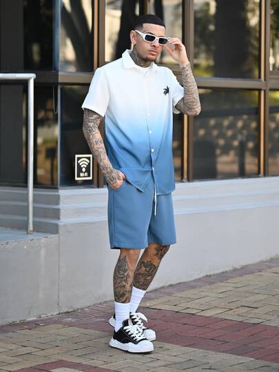 Devon Thys 2pcs Men's Tropical Tree Print Ombre Short Sleeve Shirt & Drawstring Waist Shorts Set, Summer, Holiday