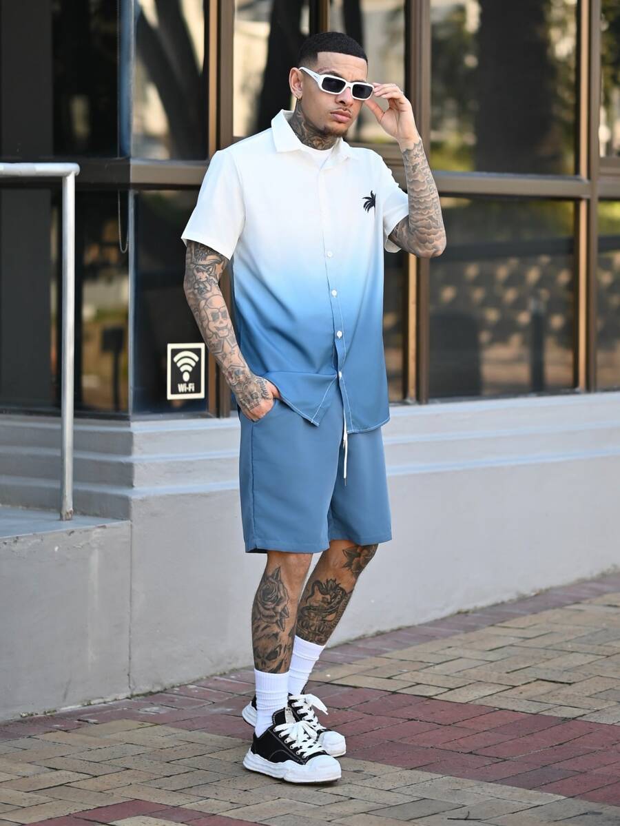Devon Thys 2pcs Men's Tropical Tree Print Ombre Short Sleeve Shirt & Drawstring Waist Shorts Set, Summer, Holiday - Teal Blue - View 1