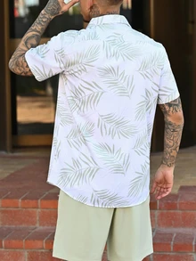 Devon Thys 男士夏威夷度假休闲印花衬衫和纯色短裤两件套，舒适休闲，假日必备 - 薄荷綠 - 查看 2