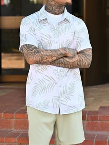 Devon Thys 男士夏威夷度假休闲印花衬衫和纯色短裤两件套，舒适休闲，假日必备 - 薄荷綠 - 查看 5