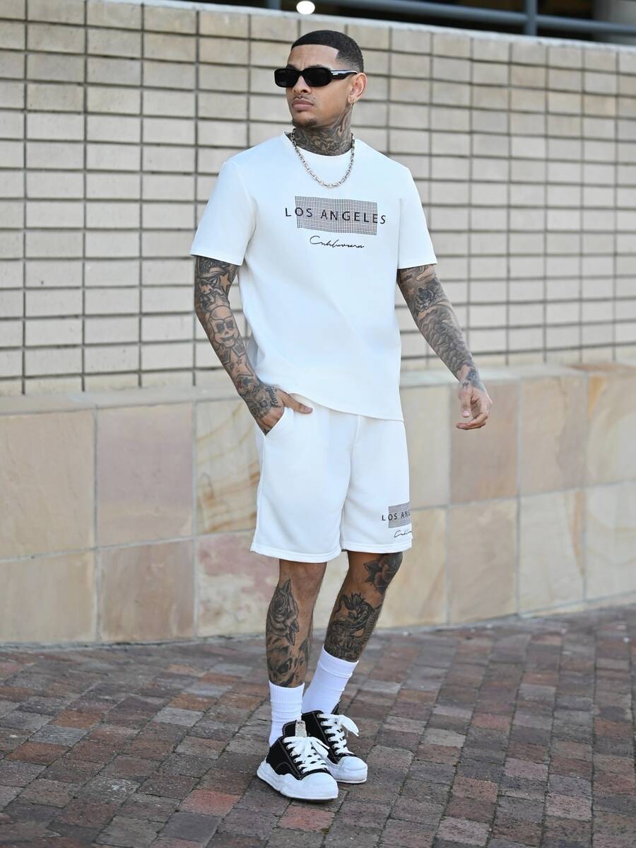 Devon Thys 男士两件套字母印花 T 恤和短裤套装，休闲夏季舒适服装