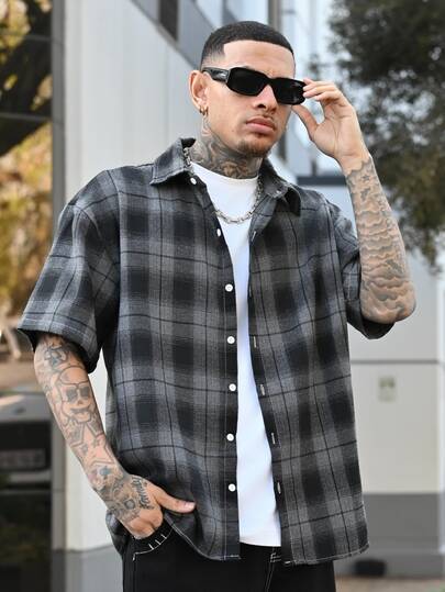 Devon Thys Men's Grey Plaid Short Sleeve Single-Breasted Casual Shirt,Summer Streetwear City Break Clothes,Vintage Flannels Check Shirts For Daily Leisure Travel