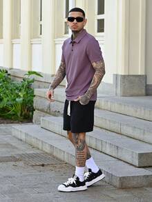 Devon Thys Men Plain Short Sleeve Polo Shirt For Daily Commute, Spring & Summer, For Golf - Purple - View 4