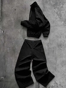 AXEPEAK Men's Solid Color Long Sleeve Zipper Front Jacket And Wide Leg Pants Casual Set - Black - View 1