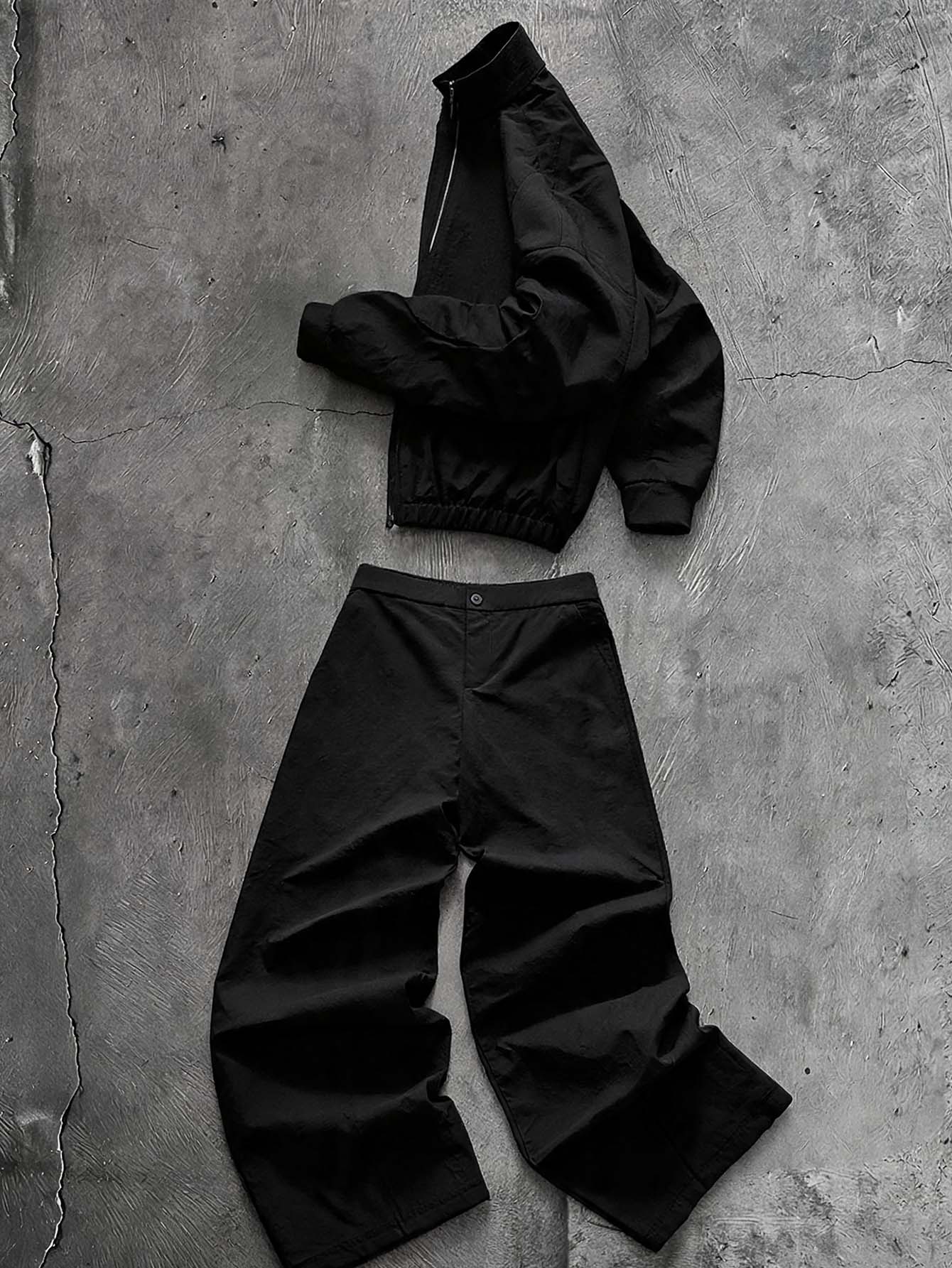 AXEPEAK Men's Solid Color Long Sleeve Zipper Front Jacket And Wide Leg Pants Casual Set - Black - View 1