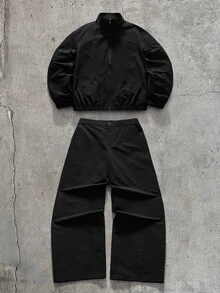 AXEPEAK Men's Solid Color Long Sleeve Zipper Front Jacket And Wide Leg Pants Casual Set - Black - View 10