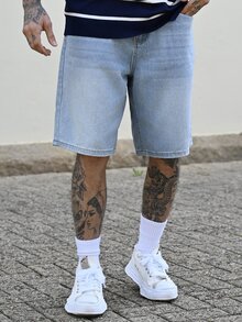 Devon Thys 男士宽松休闲牛仔百慕大短裤，带口袋，夏季牛仔短裤 - 淺色水洗藍 - 查看 4