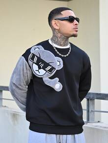 Devon Thys Men's Black Autumn Streetwear Holiday Bear Pattern Sweatshirt,Loose Fit Crew Neck Drop Shoulder Long Sleeve Pullover,Designer Graphic Luxury Tops - Black - View 5