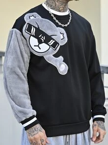 Devon Thys Men's Black Autumn Streetwear Holiday Bear Pattern Sweatshirt,Loose Fit Crew Neck Drop Shoulder Long Sleeve Pullover,Designer Graphic Luxury Tops - Black - View 6