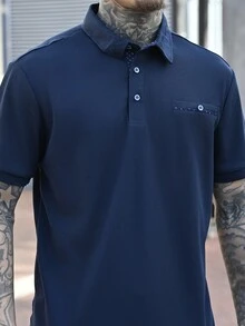 Devon Thys Men's Casual Solid Color Button-Up Short Sleeve Polo Formal Shirt, Ceremony - Navy Blue - View 5