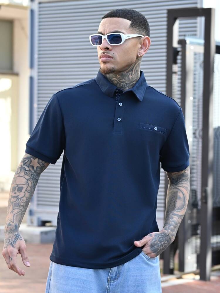 Devon Thys 男士休閒素色鈕扣短袖 Polo 正裝襯衫，儀式適用 - 藏蓝色 - 查看 1