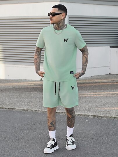 Devon Thys 2pcs Men's Letter Print Round Neck Short Sleeve Casual T-Shirt And Drawstring Waist Shorts Set Summer Outfits For Men Men Clothing Men T Shirt Co Ords