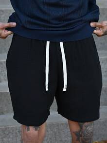 Devon Thys 男士休闲纯色抽绳腰带100%纯棉短裤，夏季假日款 - 黑色 - 查看 5