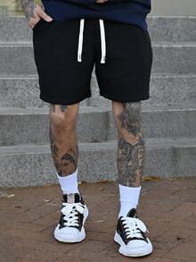 Devon Thys 男士休闲纯色抽绳腰带100%纯棉短裤，夏季假日款 - 黑色 - 查看 6