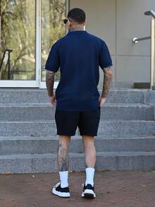 Devon Thys 男士休闲纯色抽绳腰带100%纯棉短裤，夏季假日款 - 黑色 - 查看 4