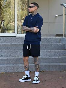 Devon Thys 男士休闲纯色抽绳腰带100%纯棉短裤，夏季假日款 - 黑色 - 查看 3