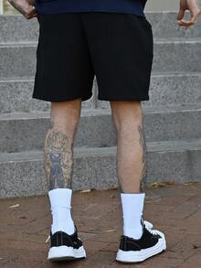 Devon Thys 男士休闲纯色抽绳腰带100%纯棉短裤，夏季假日款 - 黑色 - 查看 2