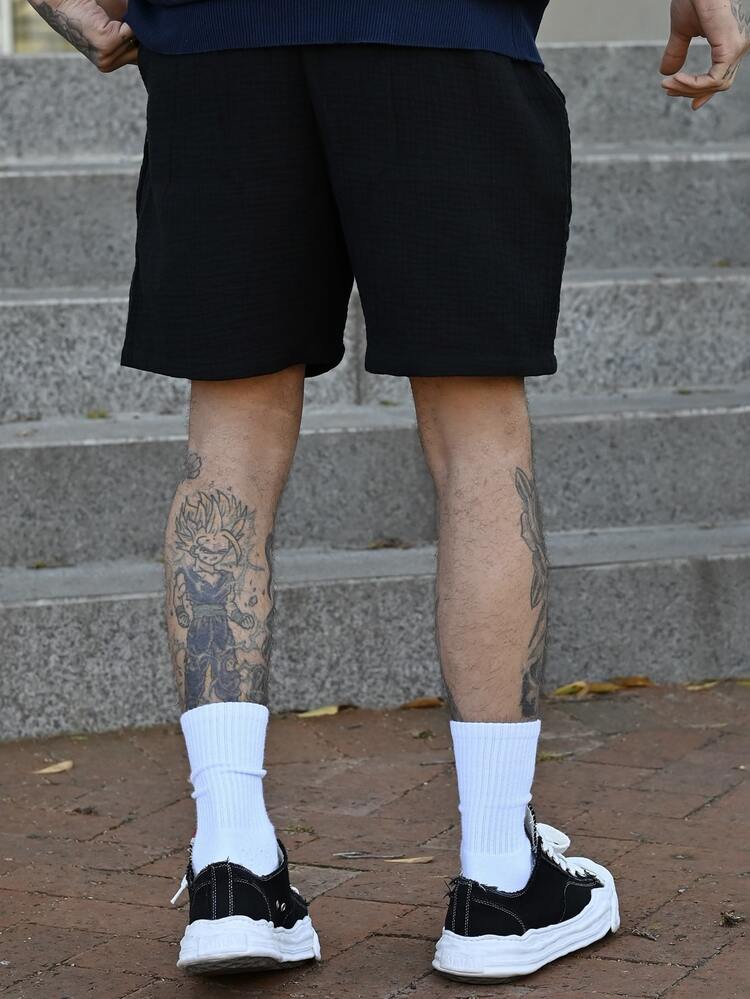 Devon Thys 男士休闲纯色抽绳腰带100%纯棉短裤，夏季假日款 - 黑色 - 查看 2