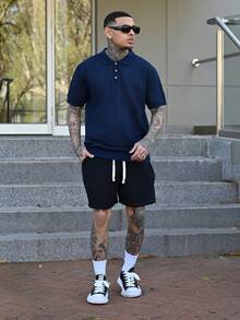 Devon Thys 男士休闲纯色抽绳腰带100%纯棉短裤，夏季假日款 - 黑色 - 查看 1