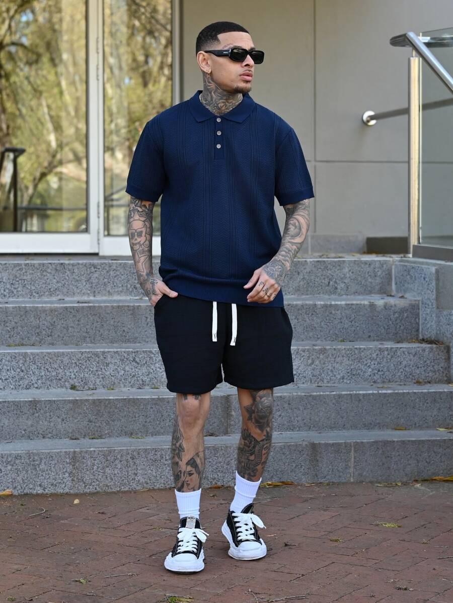 Devon Thys 男士休闲纯色抽绳腰带100%纯棉短裤,夏季假日款 - 黑色 - 查看 1