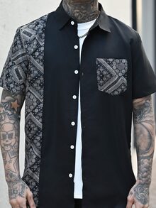 Devon Thys 男士围巾印花衬衫和短裤，沙滩装，撞色拼接，外出，老公款，全息印花，假日装 - 黑色 - 查看 6