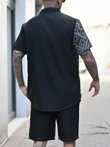 Devon Thys 男士围巾印花衬衫和短裤，沙滩装，撞色拼接，外出，老公款，全息印花，假日装 - 黑色 - 查看 2