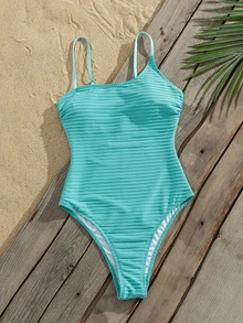 Swim Mod Women's Solid Color Spaghetti Strap One-Piece Swimsuit, Special Fabric - Blue - View 5