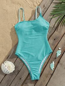 Swim Mod Women's Solid Color Spaghetti Strap One-Piece Swimsuit, Special Fabric - Blue - View 6