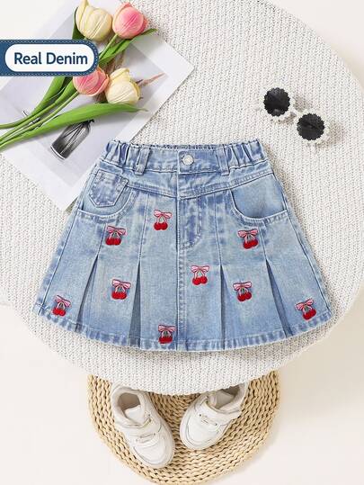 Tween Girl Cute Light Blue Floral Summer School Back-To-School Denim Pleated Skirt,Cherry Blossom Bow Embroidered Pocket,Elastic Waistband,Plus Size