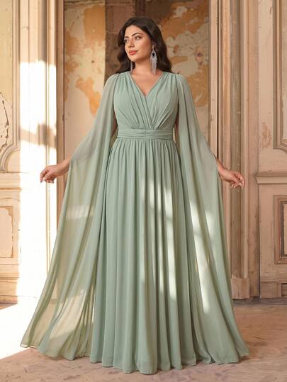 Aureia Plus Size Elegant Classy Sage Green Chiffon Pleated Design Deep V-Neck Long Sleeves A-Line Maxi Dress Wedding Guest Bridesmaid Formal Evening Autumn
