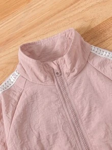 SHEIN Tween Girls Embroidered Bow Preppy Style Sports Set, Heart Stripe Stand Collar Jacket + Jogger Pants 2 Pieces Set, Suitable For Spring And Autumn - Pink - View 6