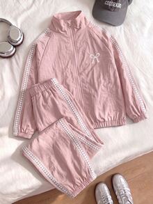 SHEIN Tween Girls Embroidered Bow Preppy Style Sports Set, Heart Stripe Stand Collar Jacket + Jogger Pants 2 Pieces Set, Suitable For Spring And Autumn - Pink - View 3