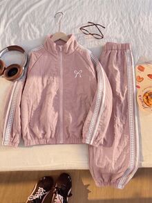 SHEIN Tween Girls Embroidered Bow Preppy Style Sports Set, Heart Stripe Stand Collar Jacket + Jogger Pants 2 Pieces Set, Suitable For Spring And Autumn - Pink - View 5