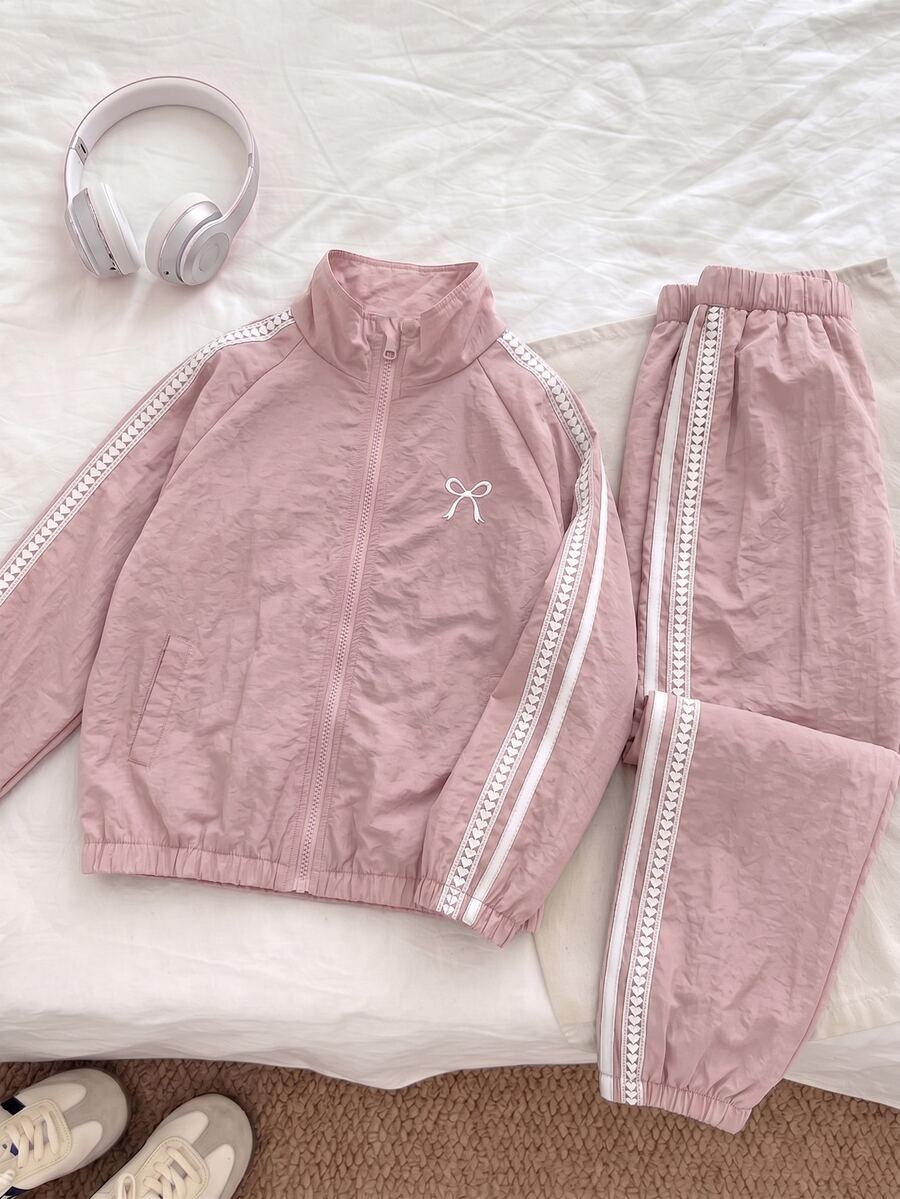 SHEIN Tween Girls Embroidered Bow Preppy Style Sports Set, Heart Stripe Stand Collar Jacket + Jogger Pants 2 Pieces Set, Suitable For Spring And Autumn - Pink - View 1