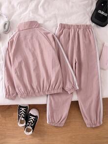 SHEIN Tween Girls Embroidered Bow Preppy Style Sports Set, Heart Stripe Stand Collar Jacket + Jogger Pants 2 Pieces Set, Suitable For Spring And Autumn - Pink - View 2