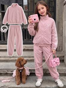 SHEIN Tween Girls Embroidered Bow Preppy Style Sports Set, Heart Stripe Stand Collar Jacket + Jogger Pants 2 Pieces Set, Suitable For Spring And Autumn - Pink - View 8