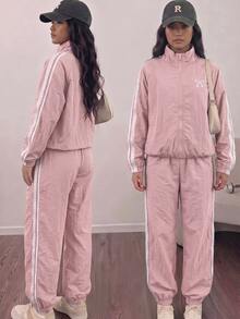 SHEIN Tween Girls Embroidered Bow Preppy Style Sports Set, Heart Stripe Stand Collar Jacket + Jogger Pants 2 Pieces Set, Suitable For Spring And Autumn - Pink - View 4