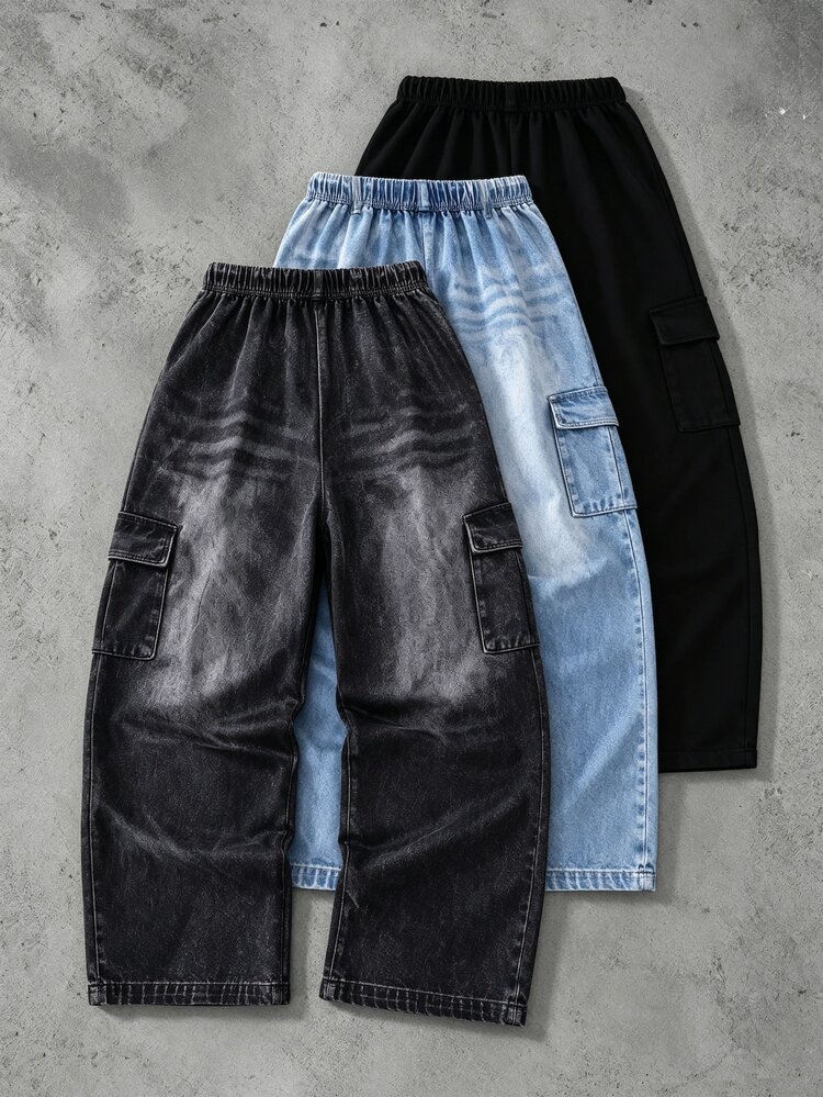 Boys' Autumn/Winter Cargo Wide Leg Pants, Elastic Waist Multi-Pocket Solid Color Gradient Denim Effect Print Long Pants, Boys' Casual Straight Leg Sports Pants, Multiple Colors Available - Multicolor - View 2