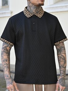Devon Thys 男士针织提花纯色纹理罗纹领口和袖口 Polo 衫 - 黑色 - 查看 6